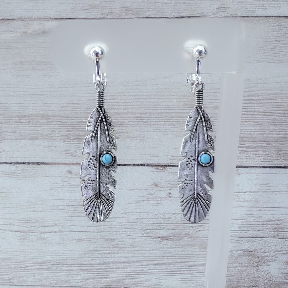 Vintage Clip On Earrings Silver Tone Feather with Turquoise Tone Accent
